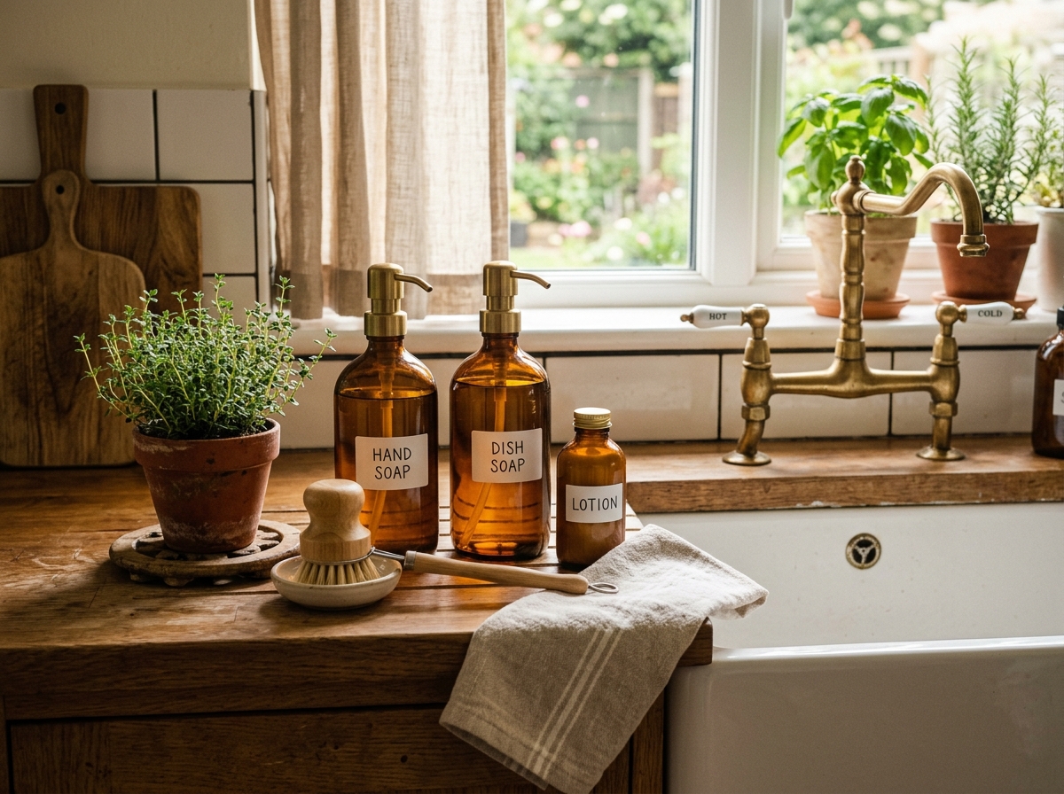 Amber apothecary bottles bathroom