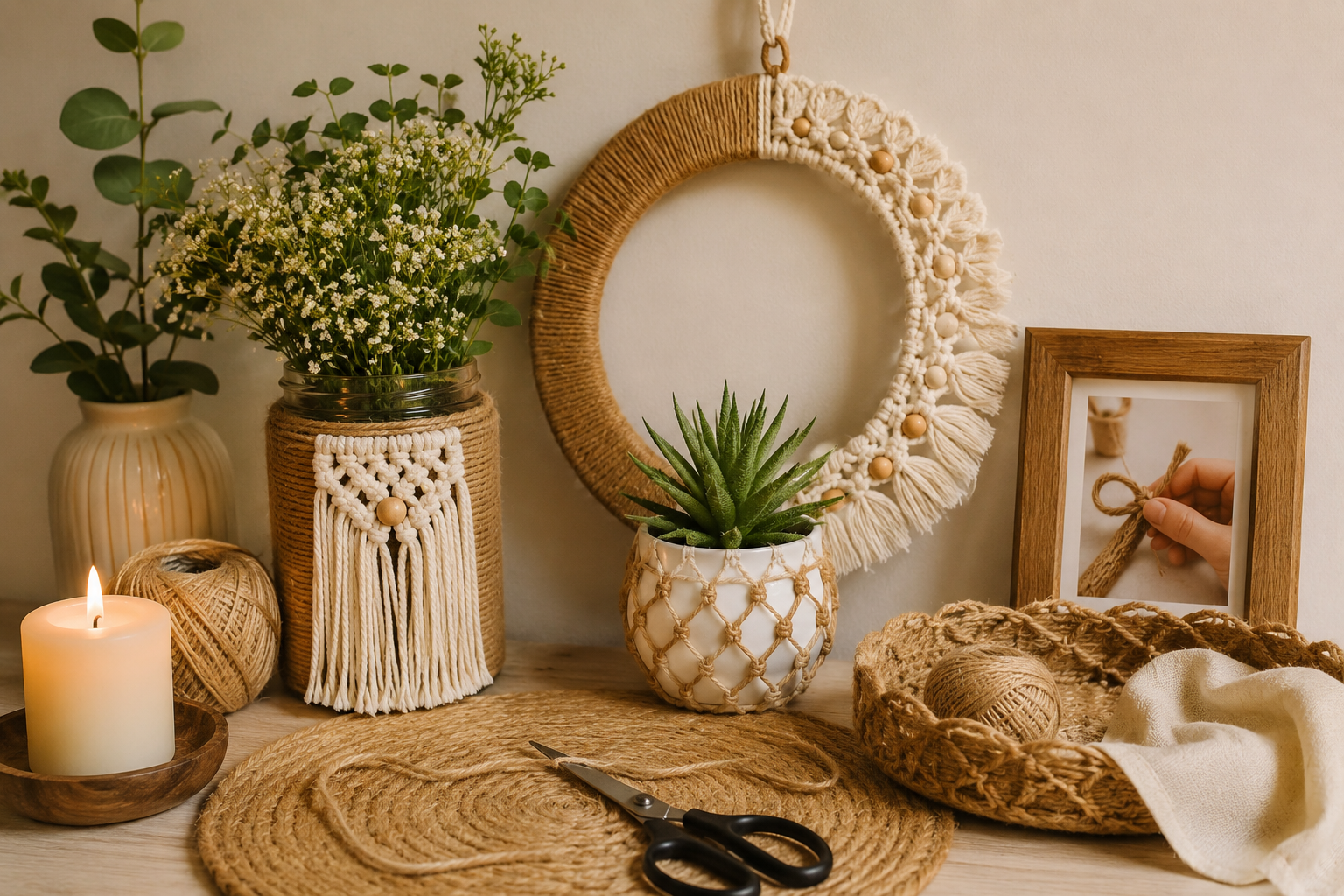 Warm and rustic DIY home decor with natural textures, woven details, plants, and earthy tones