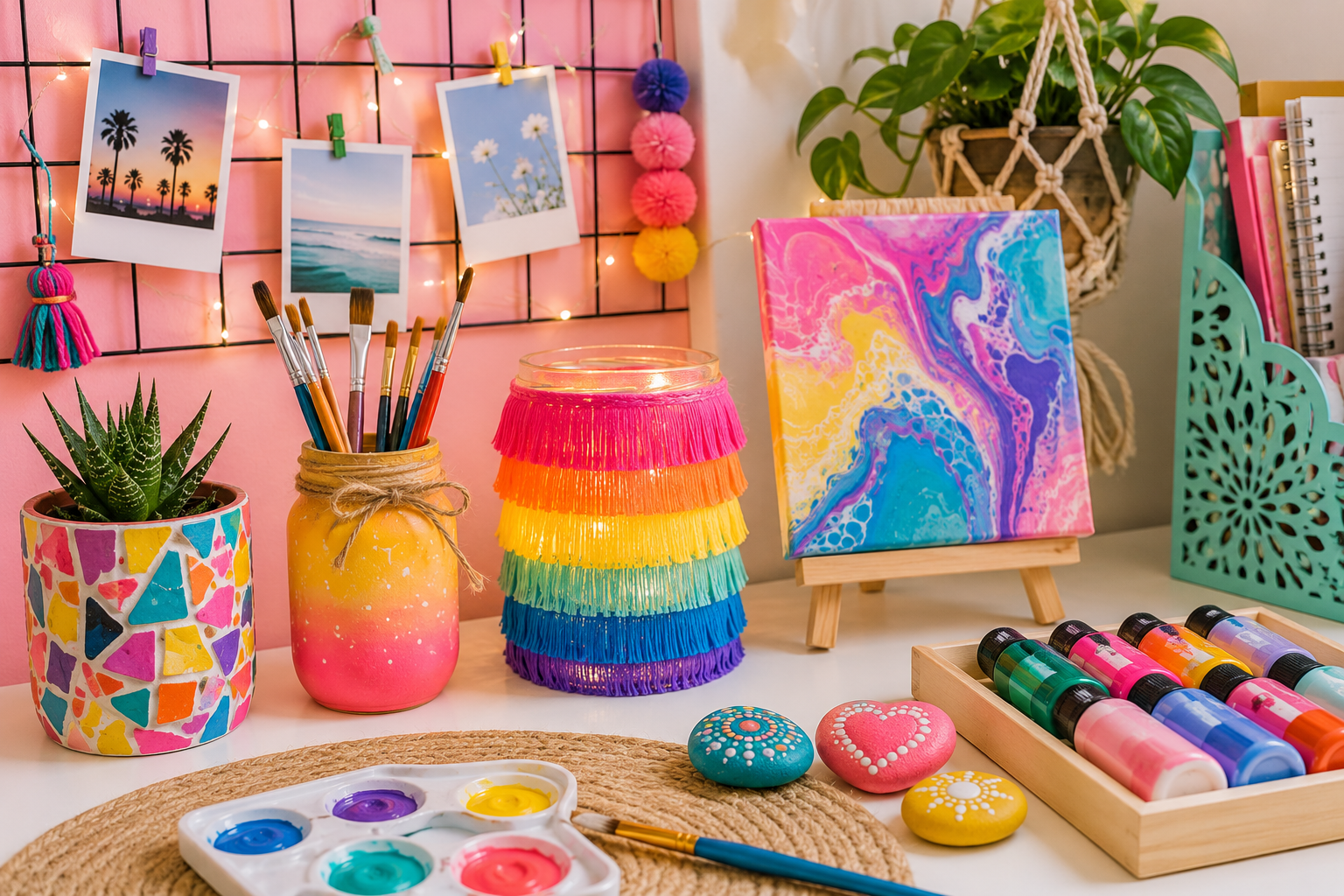 Colorful DIY projects for teens with vibrant organizers, painted pots, and colorful artwork