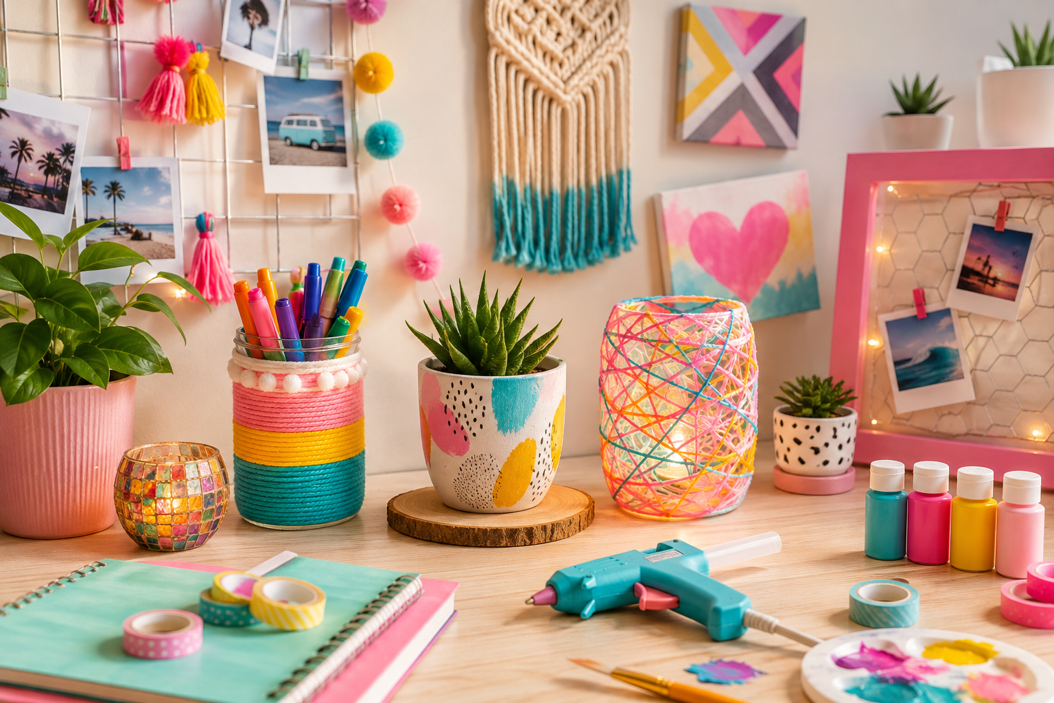 Creative DIY craft corner with colorful supplies, handmade decorations, plants, and playful artwork