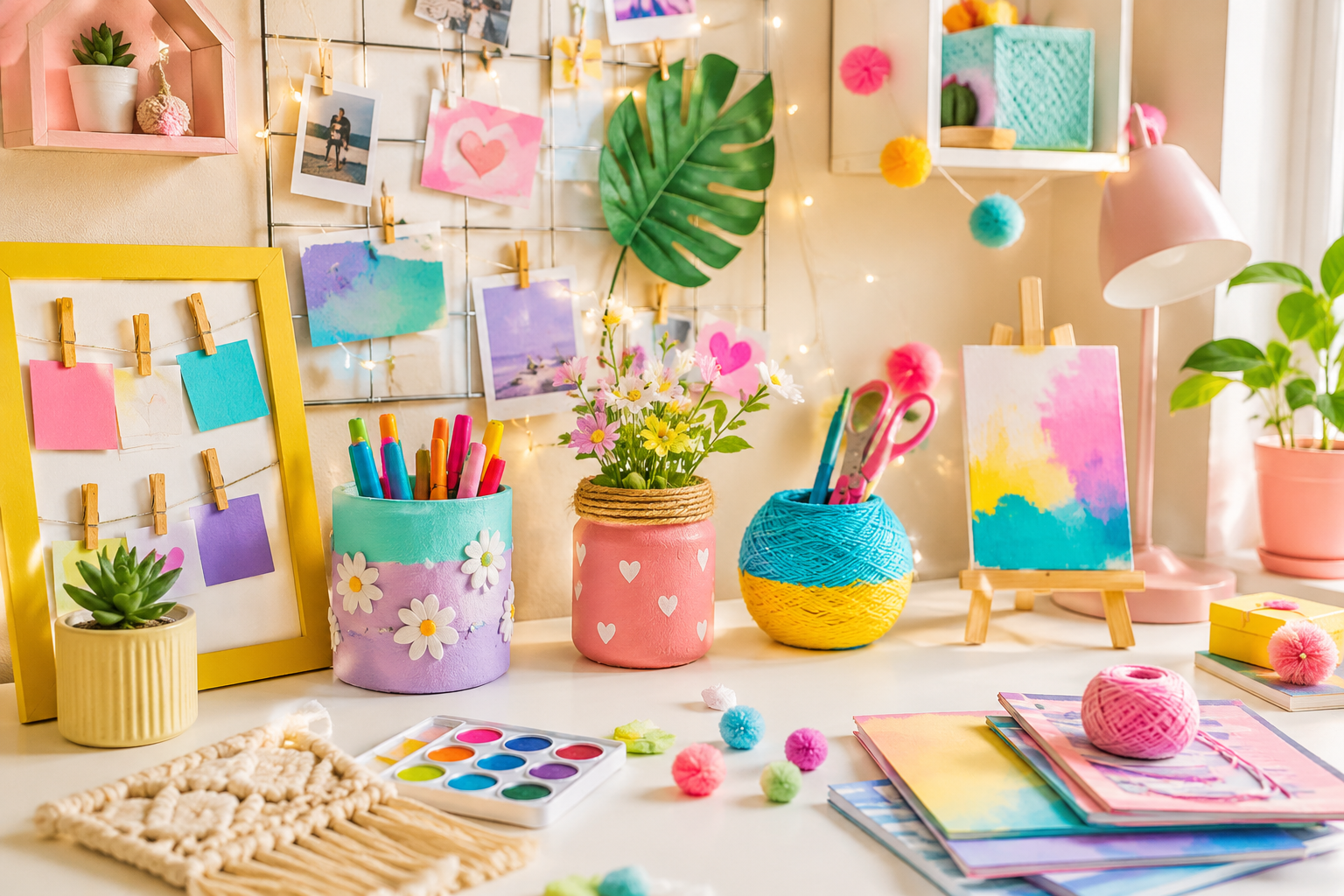Bright and playful room DIY decorations with pastel shades, cute wall art, plants, and creative organizers