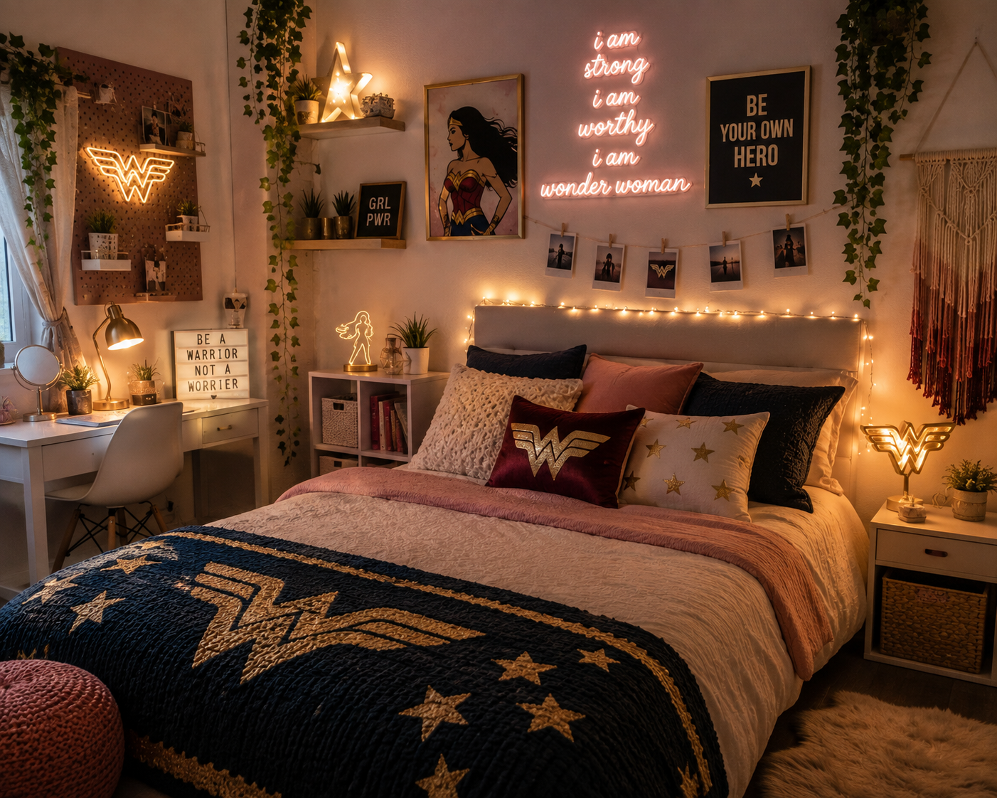 Wonder Woman inspired bedroom with golden accents, stars, cozy textures, and subtle superhero details