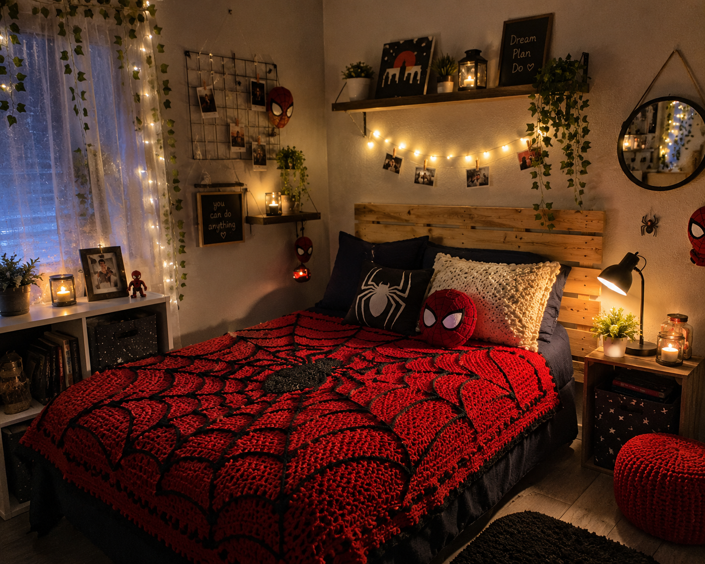 Spider-Man inspired DIY bedroom with red web crochet blanket, cozy lighting, and subtle themed decor