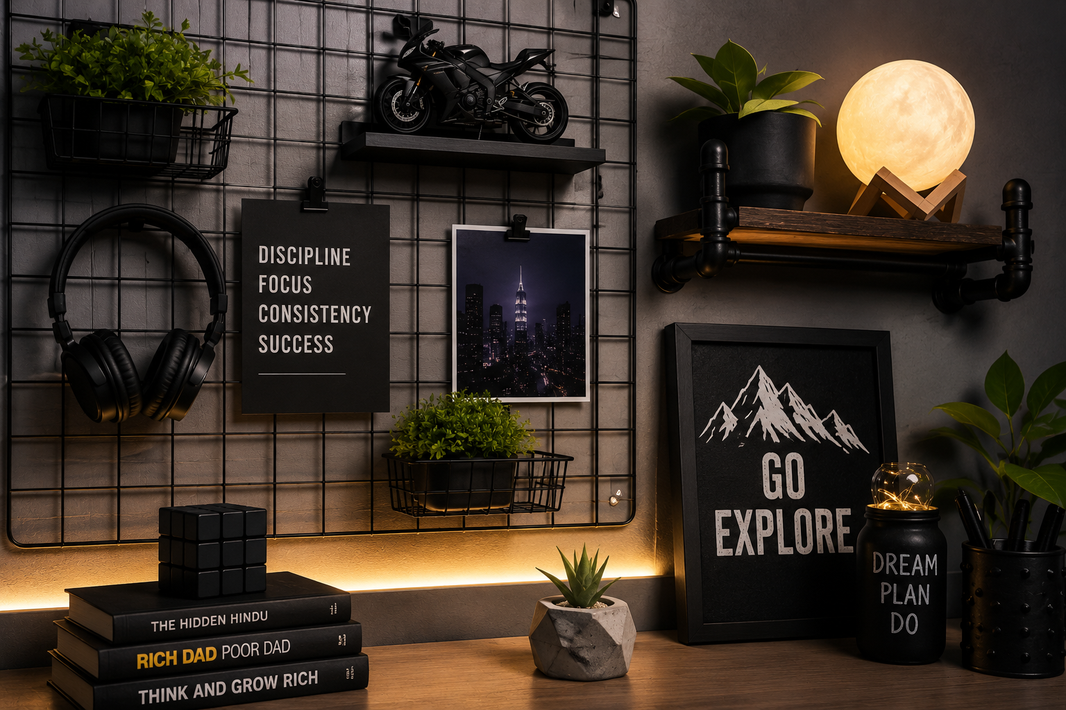 Boys DIY bedroom with industrial shelves, cool lighting, and personalized wall decor