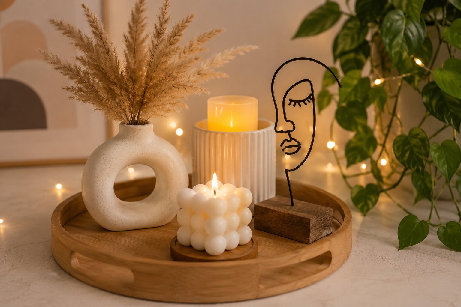 Modern aesthetic DIY decor tray with ceramic donut vase, pampas grass, bubble candle, and minimalist line art