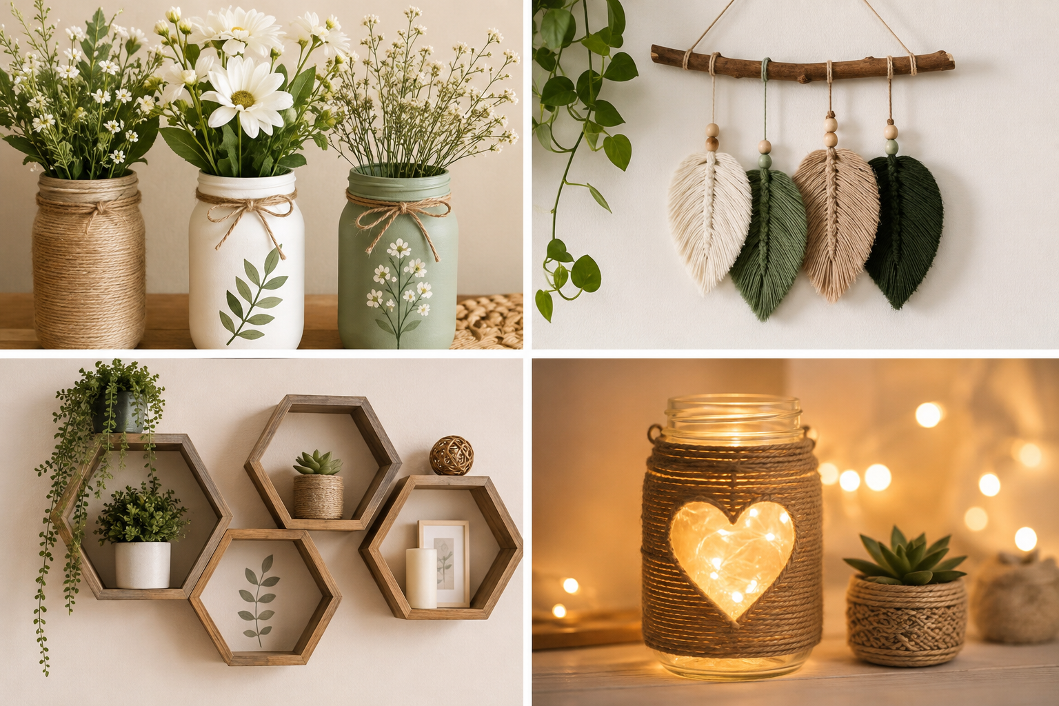 Little DIY home decor ideas: painted jars, macrame feather hangings, hexagon wall shelves, and fairy light jars