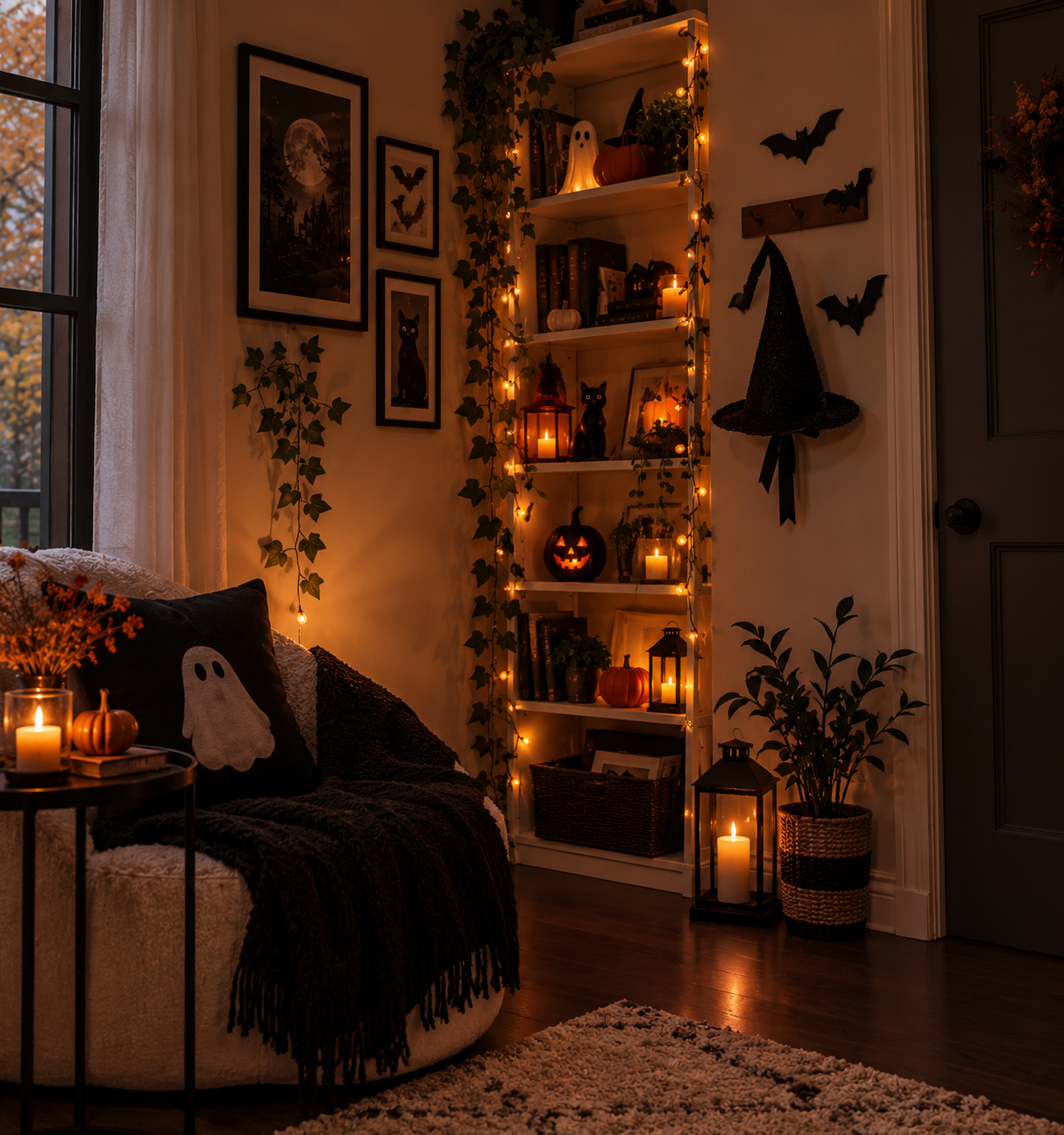 Cozy autumn reading nook with white boucle armchair, ghost pillow, twinkling fairy lights, climbing ivy, stacked bookshelf with jack-o'-lantern, lanterns, and witch hat wall display