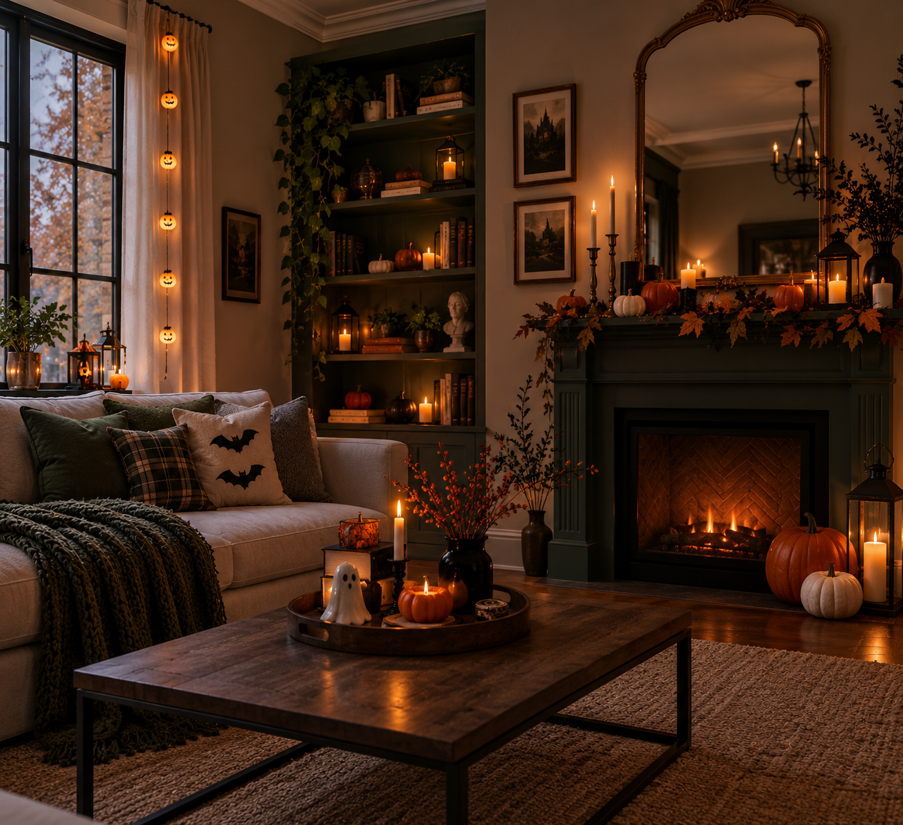 Aesthetic moody living room with deep green fireplace mantel, glowing fire, hanging jack-o-lantern string lights, bat pillows, and wooden coffee table pumpkin tray