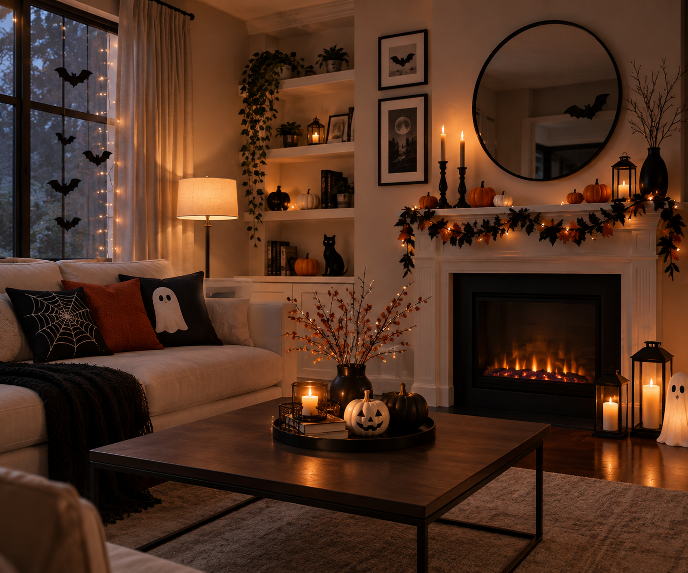 Modern chic Halloween fireplace with autumn foliage garland, statement round mirror with bat decals, spiderweb pillows, glowing lanterns, and pumpkin coffee table display