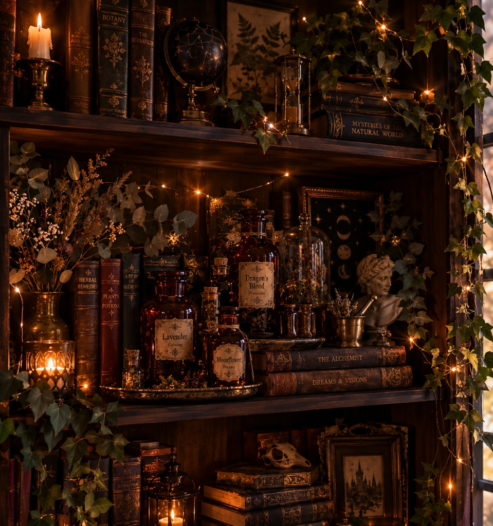 Vintage apothecary jars and stacked antique books with amber glass bottles, potion labels, dried eucalyptus, candles, and warm fairy lights