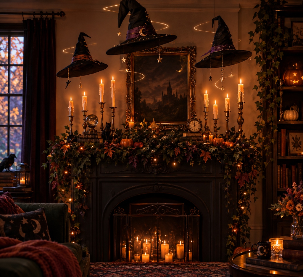 Candlelit autumn mantel with floating witch hats, dripping taper candles, brass candlesticks, dark greenery garlands, and enchanting fairy lights