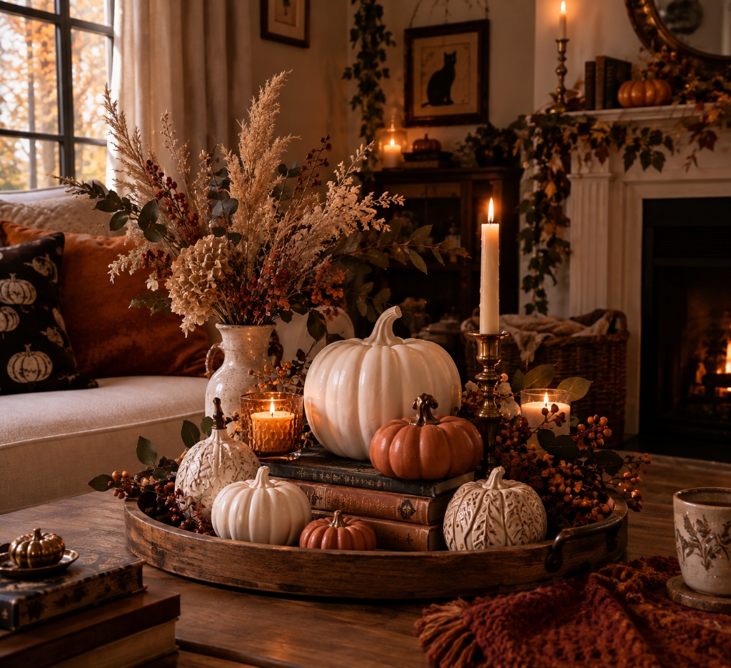 Chic heirloom and ceramic pumpkin vignette with matte white gourds, terracotta pumpkins, dried floral grasses, candles, and warm wooden tray