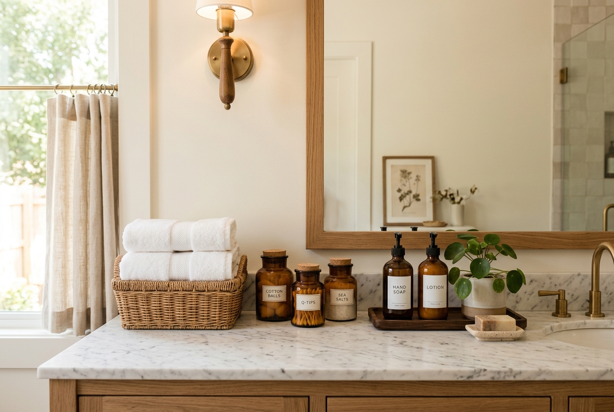 Aesthetically organized bathroom vanity with apothecary jars