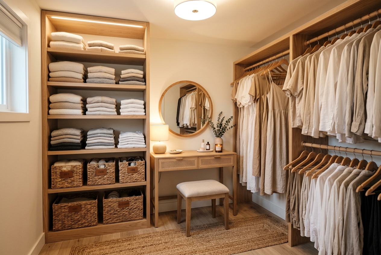 Organized walk-in closet with wooden shelves and baskets