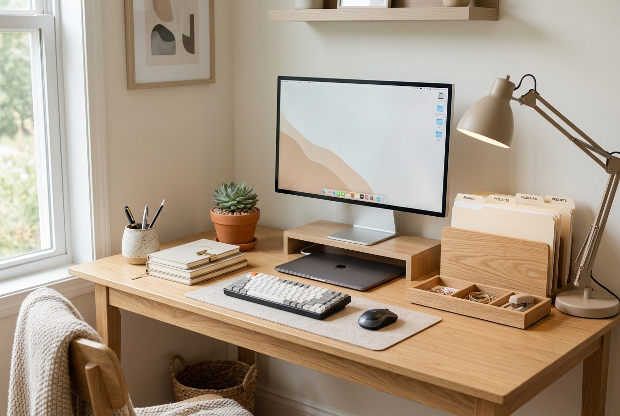 Organized home office desk with wooden organizers