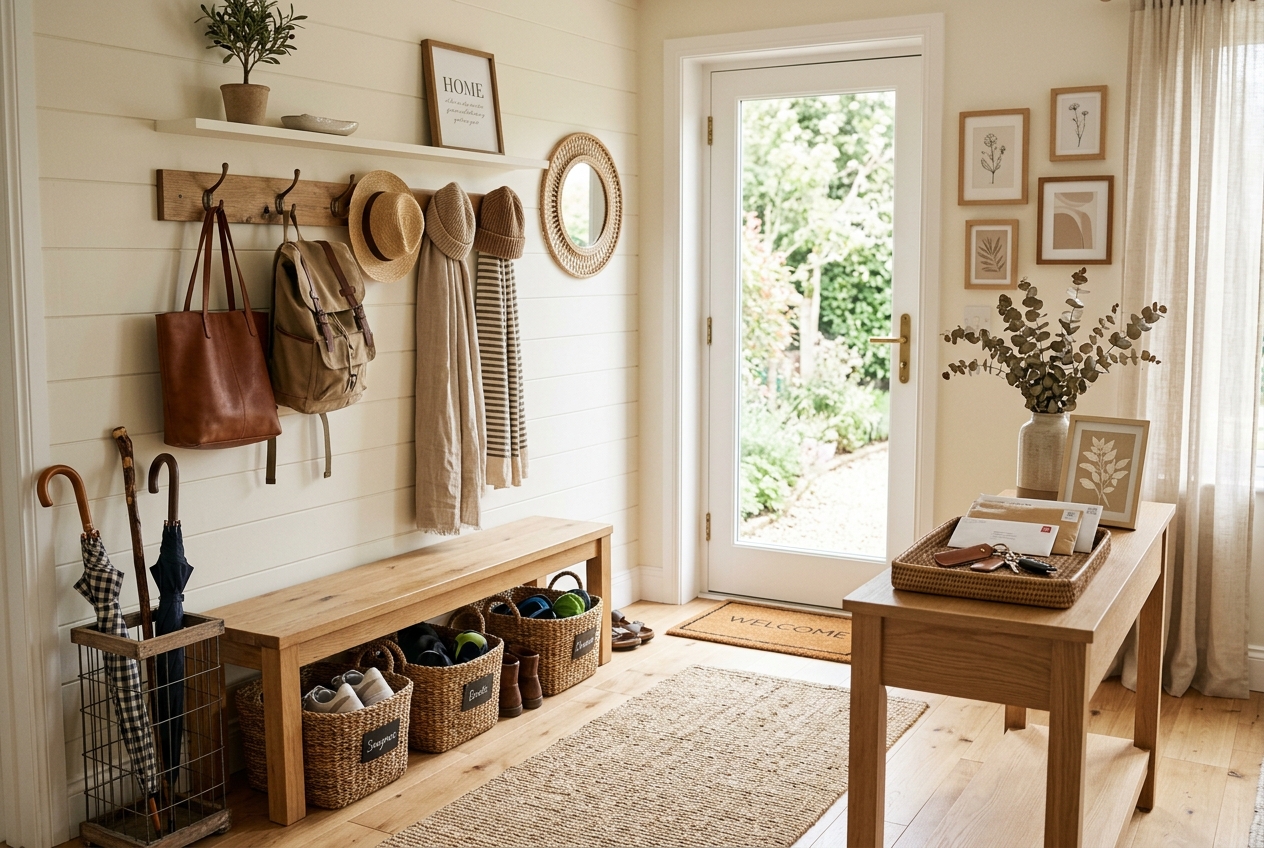 Organized entryway mudroom with hooks and baskets
