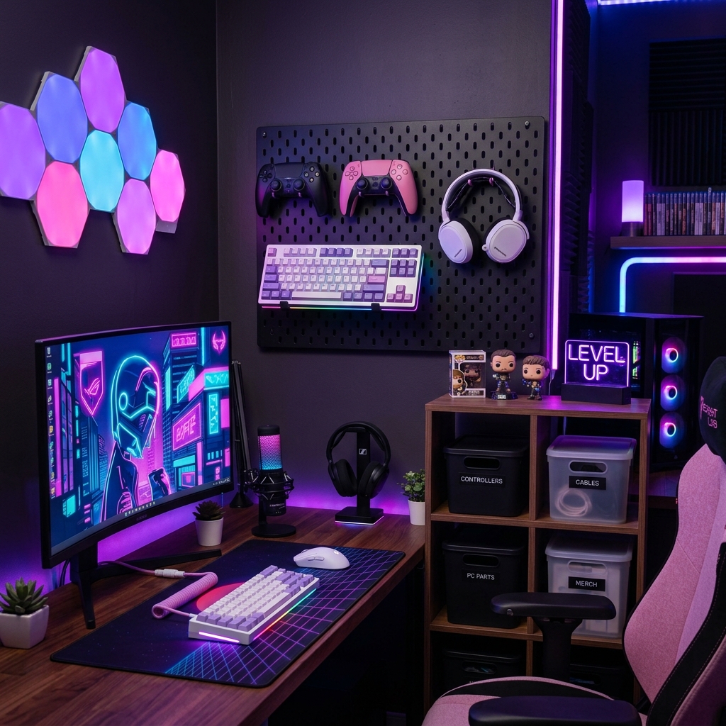 Aesthetically organized gaming desk setup with pegboard and neon lights