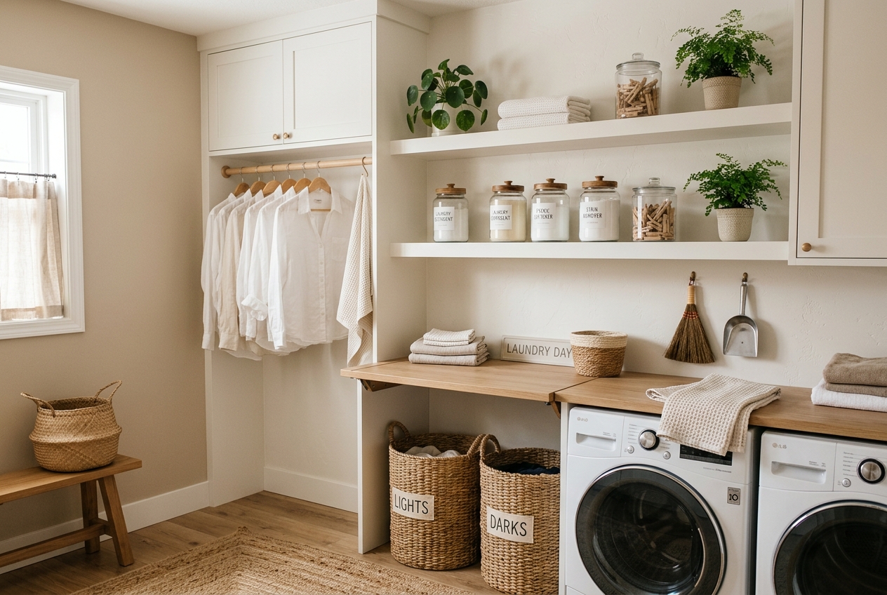 Organized laundry room with glass jars and woven baskets