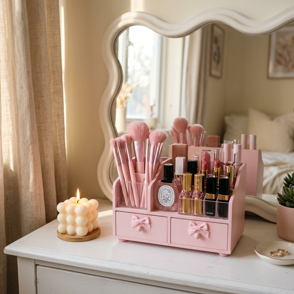 Aesthetic pink makeup organizer on a vanity desk