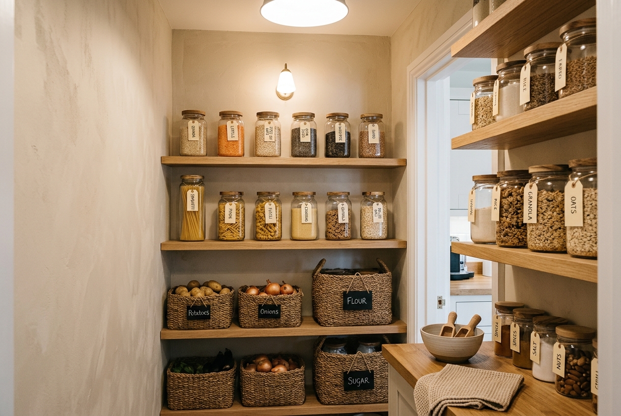 Organized kitchen pantry with glass jars and woven baskets