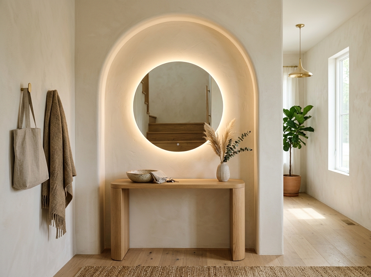 Arched plaster entryway nook with backlit halo mirror