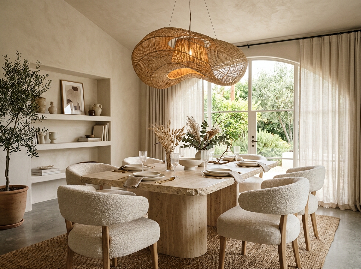 Travertine stone dining table with woven chandelier