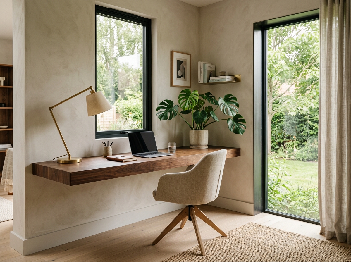 Architectural home office with floating dark walnut desk