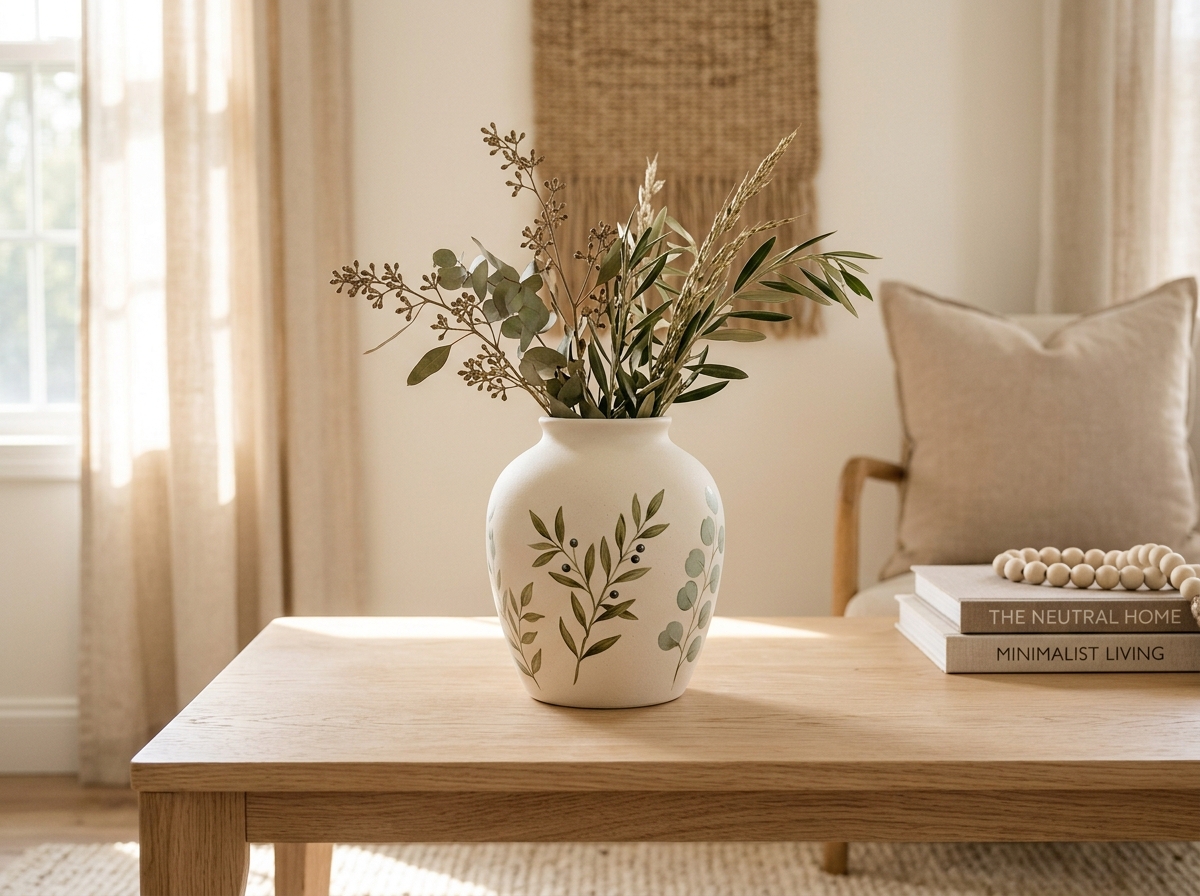 Botanical Olive and Sage Branch Painted Vase